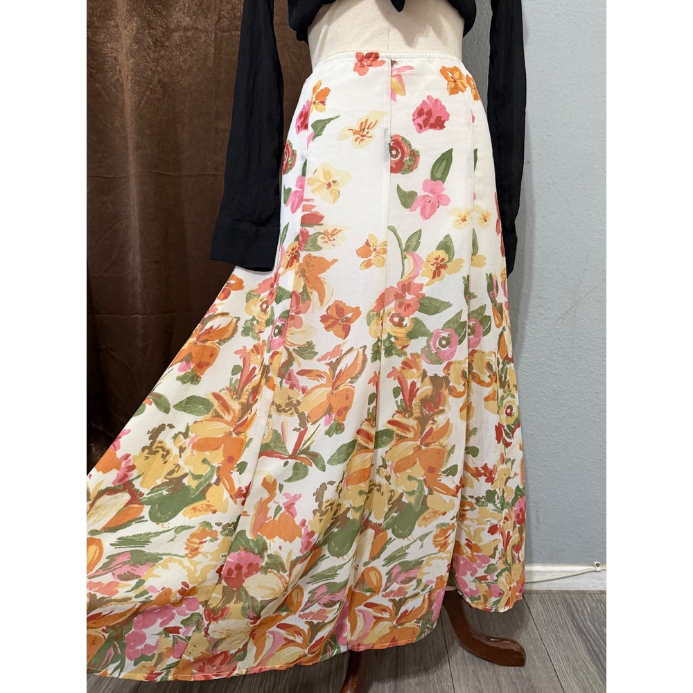 Cottagecore Floral Maxi Skirt Size 18 38W White Orange High Waist Lined A-Line